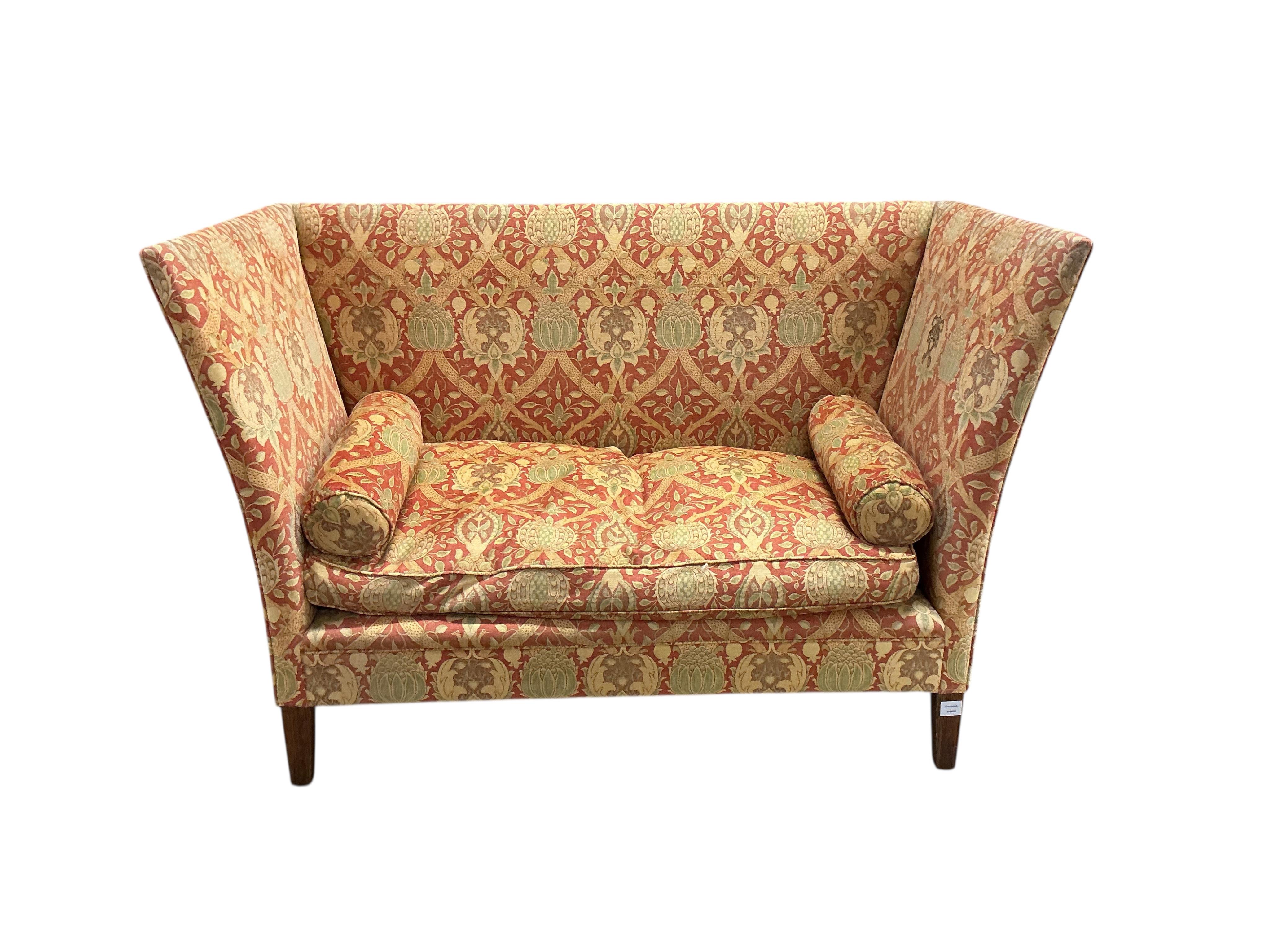 An early 20th century high back two seater settee, width 154cm, depth 72cm, height 103cm